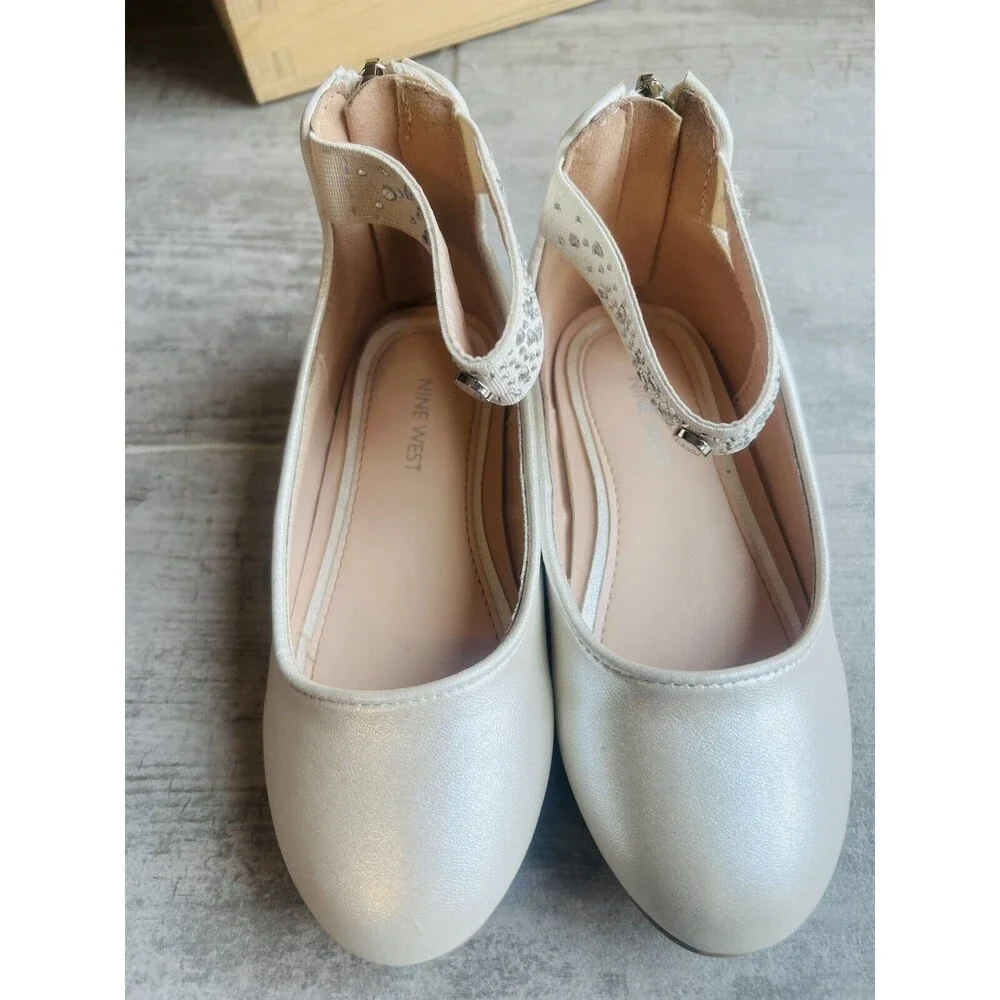 NINE WEST Toddler Girls LIL ELLE Ballet Flat White Metallic Peal Rhinestone 9